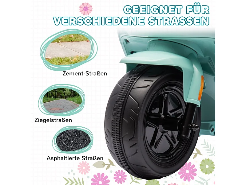 Moto électrique pour enfants, avec phare et musique, marche avant/arrière, roues stabilisatrices, plastique, vert (90x39x61cm)