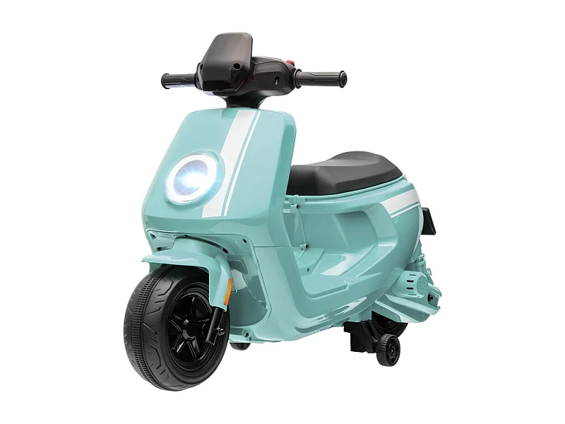 Moto électrique pour enfants, avec phare et musique, marche avant/arrière, roues stabilisatrices, plastique, vert (90x39x61cm)