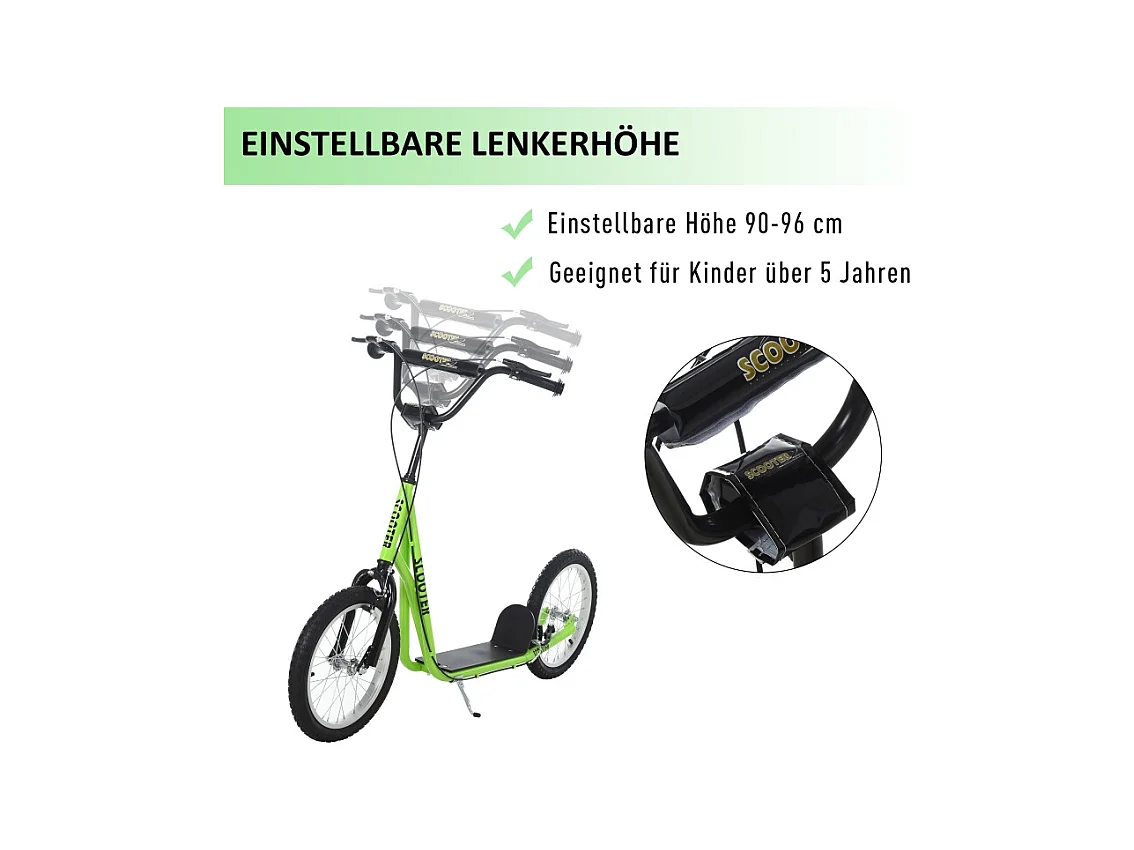 Trottinette enfant avec roues gonflables et frein à main, acier, vert (139x58x96 cm)