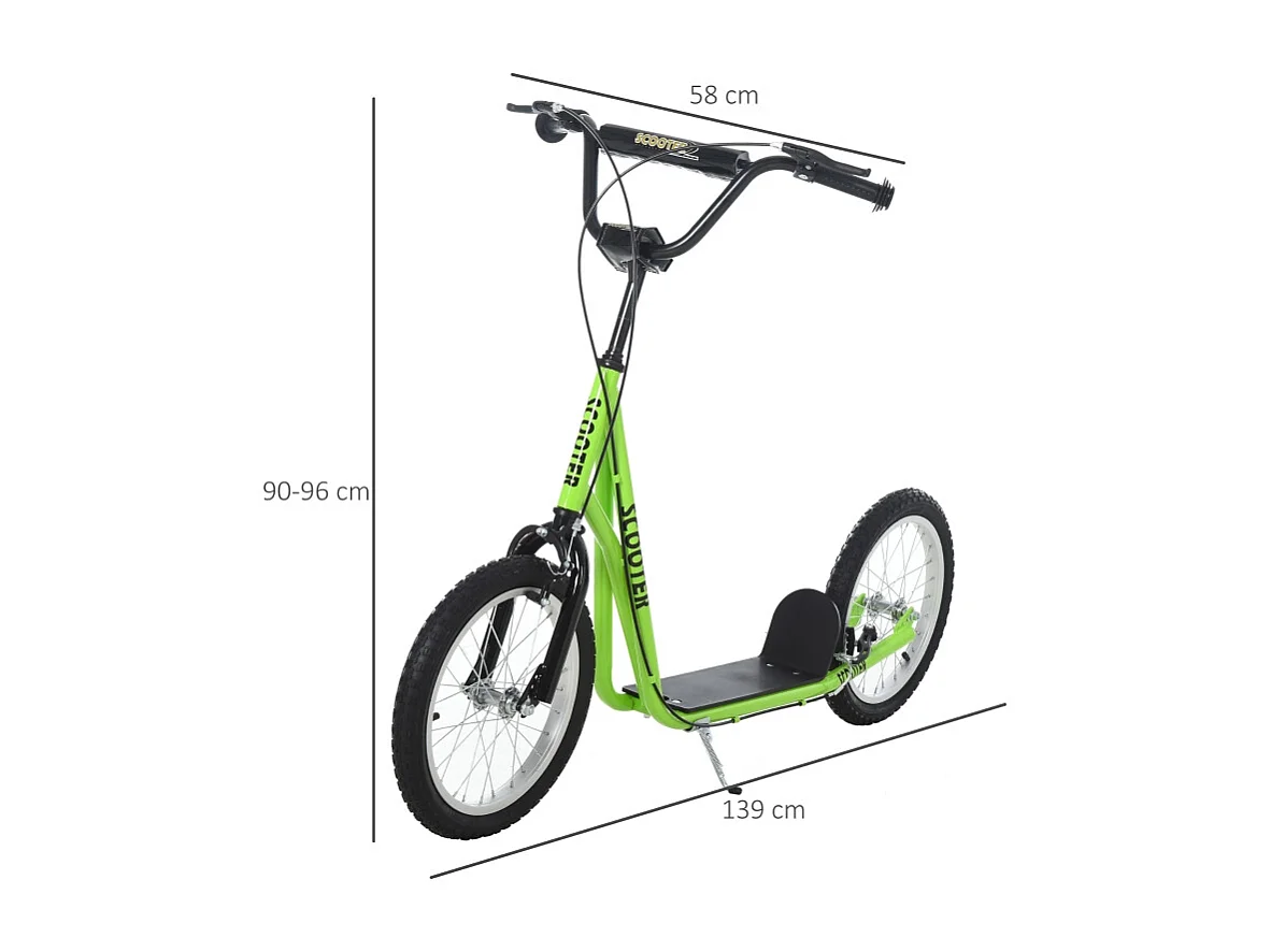 Trottinette enfant avec roues gonflables et frein à main, acier, vert (139x58x96 cm)