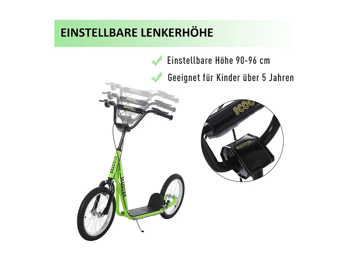 Trottinette enfant avec roues gonflables et frein à main, acier, vert (139x58x96 cm)