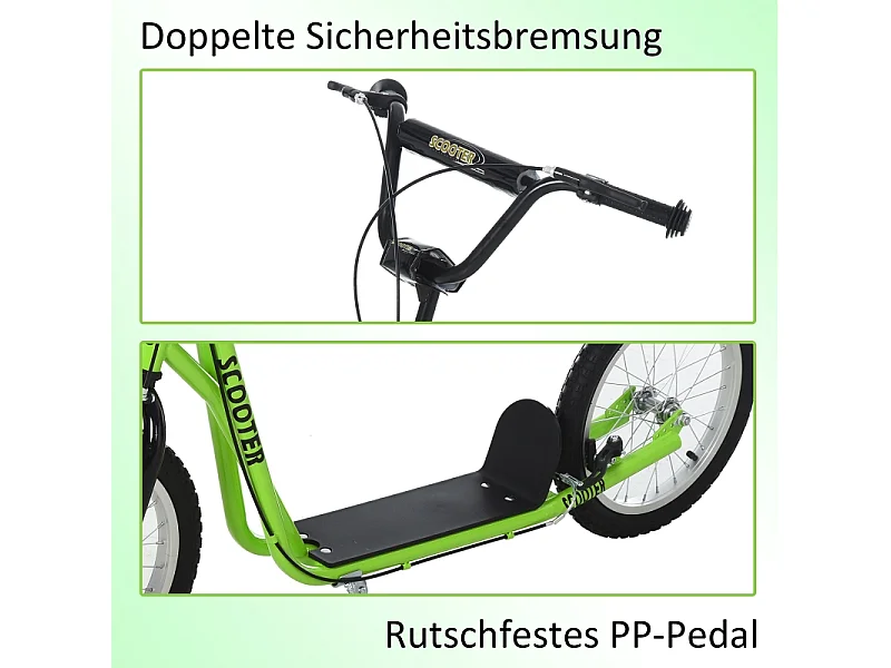 Trottinette enfant avec roues gonflables et frein à main, acier, vert (139x58x96 cm)