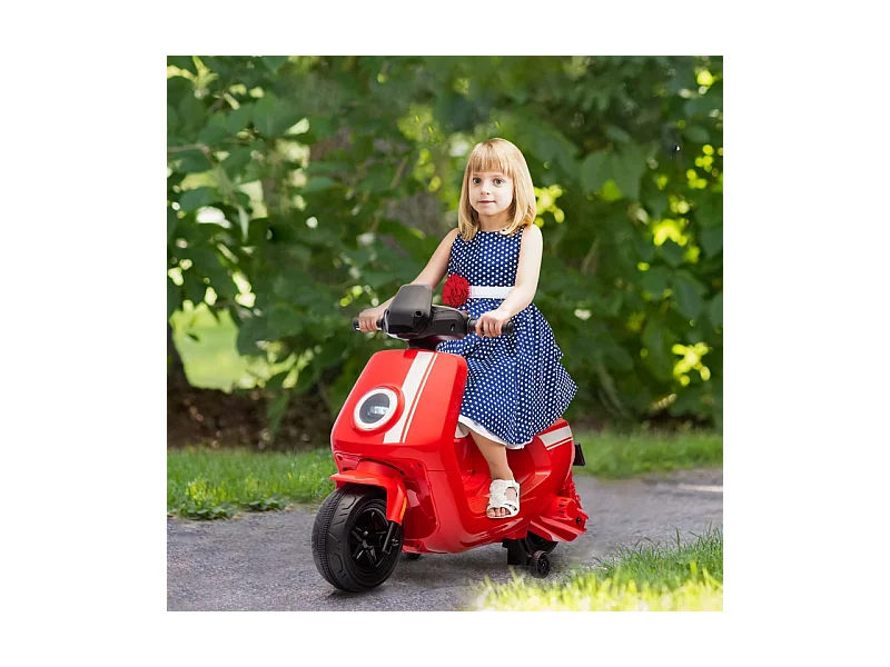 Moto électrique pour enfants, avec phare et musique, marche avant et arrière, roues stabilisatrices, plastique, rouge (90x39x61cm)