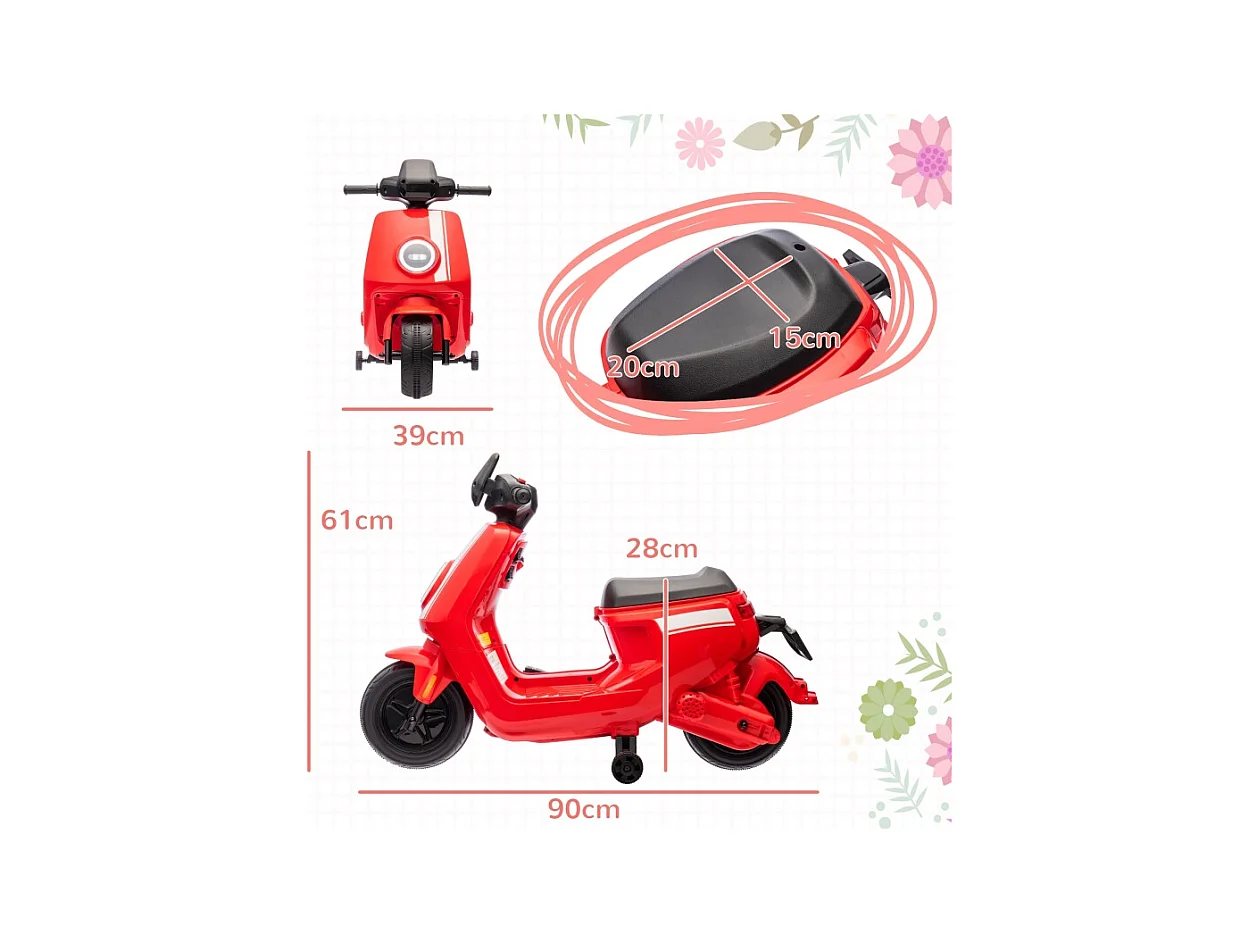 Moto électrique pour enfants, avec phare et musique, marche avant et arrière, roues stabilisatrices, plastique, rouge (90x39x61cm)