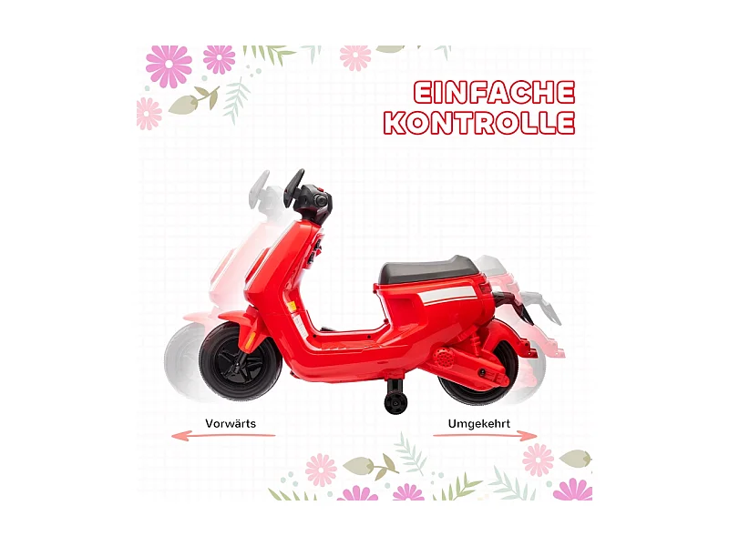 Moto électrique pour enfants, avec phare et musique, marche avant et arrière, roues stabilisatrices, plastique, rouge (90x39x61cm)