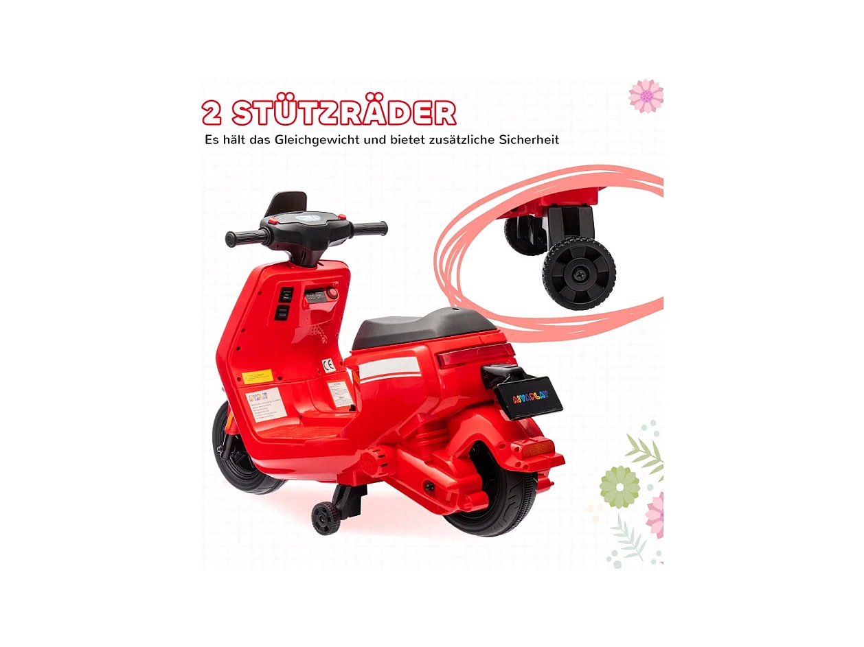 Moto électrique pour enfants, avec phare et musique, marche avant et arrière, roues stabilisatrices, plastique, rouge (90x39x61cm)