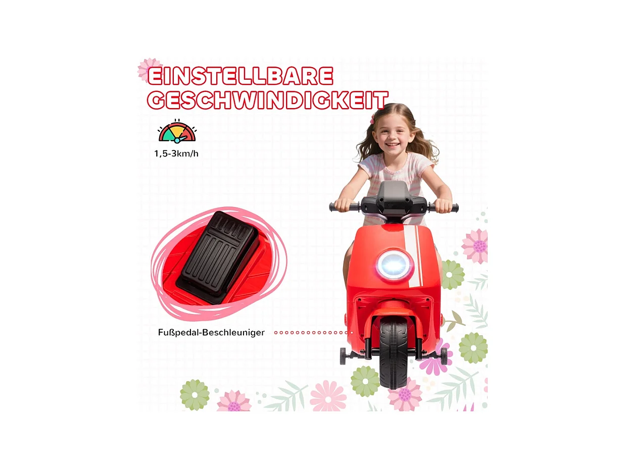 Moto électrique pour enfants, avec phare et musique, marche avant et arrière, roues stabilisatrices, plastique, rouge (90x39x61cm)