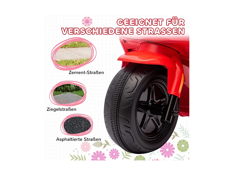 Moto électrique pour enfants, avec phare et musique, marche avant et arrière, roues stabilisatrices, plastique, rouge (90x39x61cm)