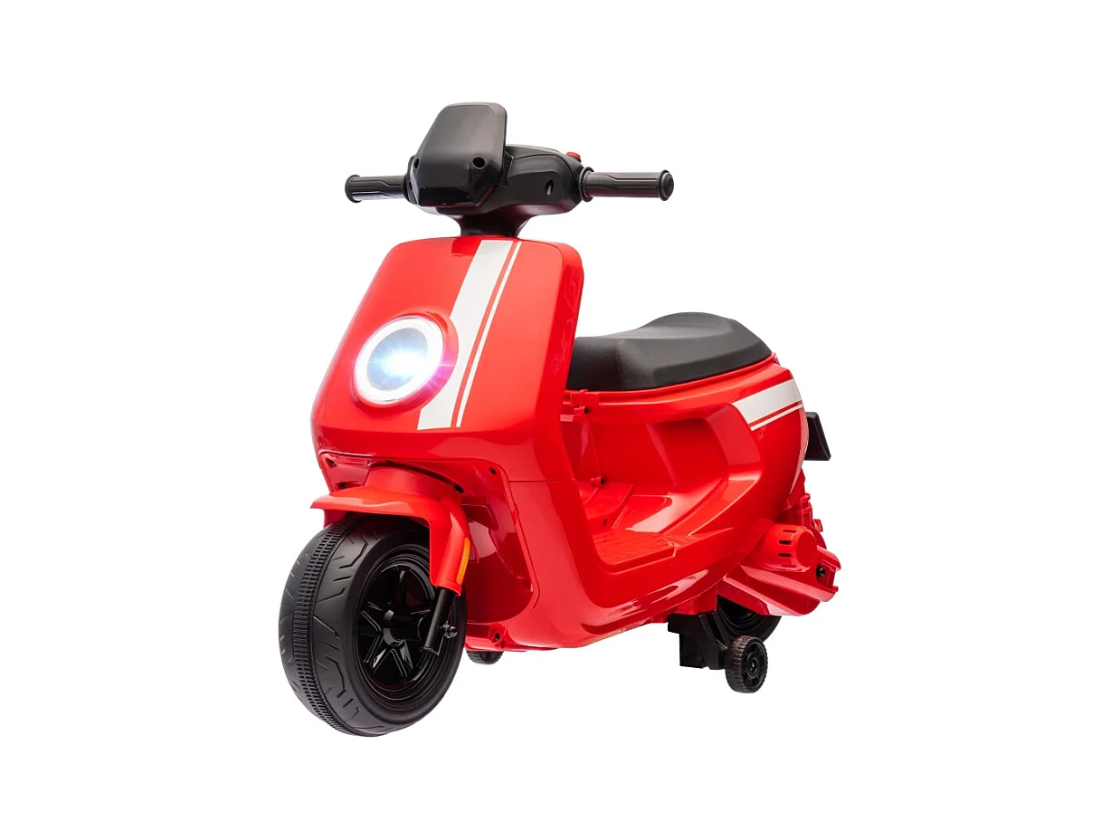 Elektrische kindermotorfiets met koplamp en muziek, vooruit- en achteruitversnelling, zijwieltjes, kunststof, rood (90x39x61cm)