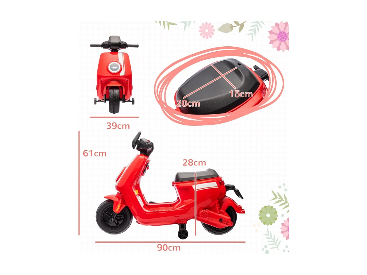 Moto électrique pour enfants, avec phare et musique, marche avant et arrière, roues stabilisatrices, plastique, rouge (90x39x61cm)