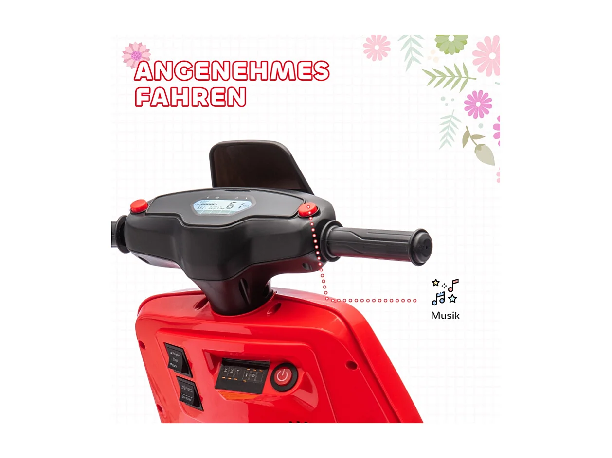 Moto électrique pour enfants, avec phare et musique, marche avant et arrière, roues stabilisatrices, plastique, rouge (90x39x61cm)