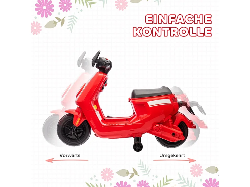 Moto électrique pour enfants, avec phare et musique, marche avant et arrière, roues stabilisatrices, plastique, rouge (90x39x61cm)