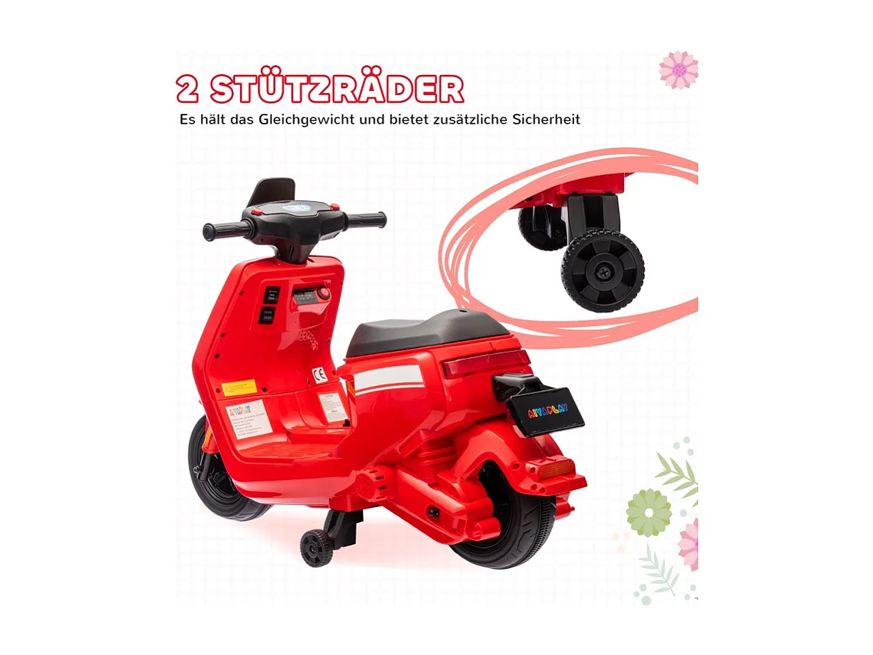 Moto électrique pour enfants, avec phare et musique, marche avant et arrière, roues stabilisatrices, plastique, rouge (90x39x61cm)