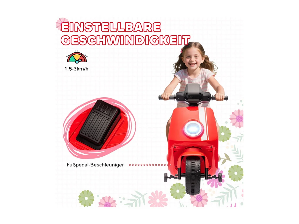 Moto électrique pour enfants, avec phare et musique, marche avant et arrière, roues stabilisatrices, plastique, rouge (90x39x61cm)