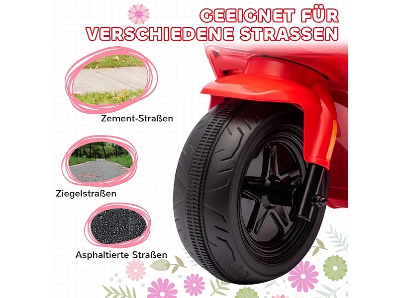 Moto électrique pour enfants, avec phare et musique, marche avant et arrière, roues stabilisatrices, plastique, rouge (90x39x61cm)