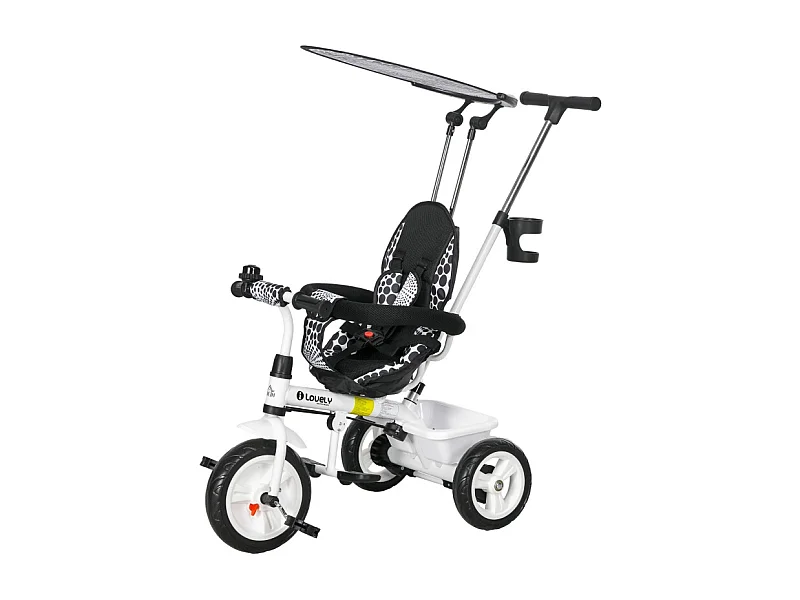 Triciclo 6 in 1 con barra di sicurezza, cestino, imbracatura e tetto, metallo, bianco (105x47x98cm)