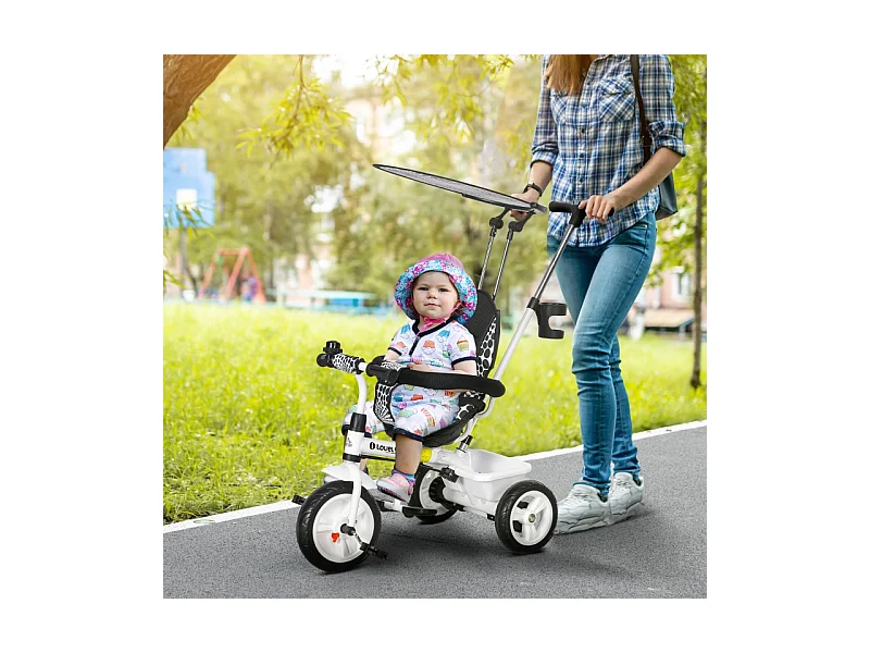 Tricycle évolutif 6-en-1 avec canne parentale, panier, harnais et toit, métal, blanc (105x47x98cm)