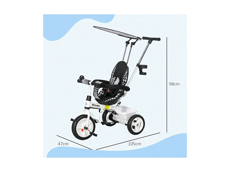 Tricycle évolutif 6-en-1 avec canne parentale, panier, harnais et toit, métal, blanc (105x47x98cm)