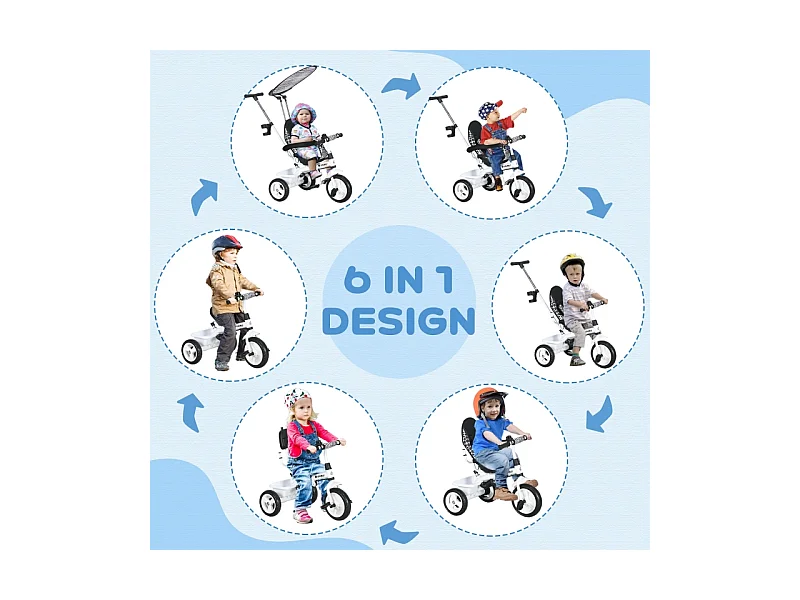 Tricycle évolutif 6-en-1 avec canne parentale, panier, harnais et toit, métal, blanc (105x47x98cm)