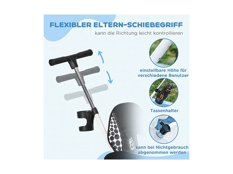 Tricycle évolutif 6-en-1 avec canne parentale, panier, harnais et toit, métal, blanc (105x47x98cm)