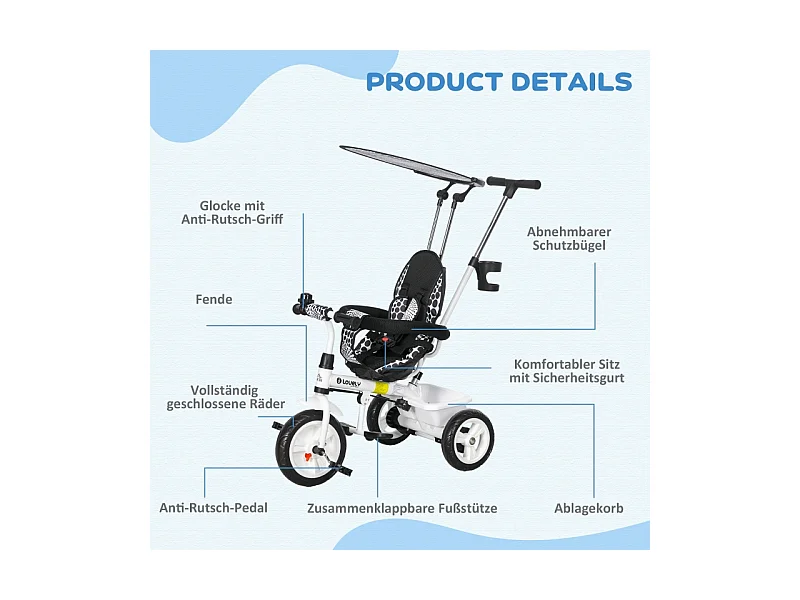 Tricycle évolutif 6-en-1 avec canne parentale, panier, harnais et toit, métal, blanc (105x47x98cm)