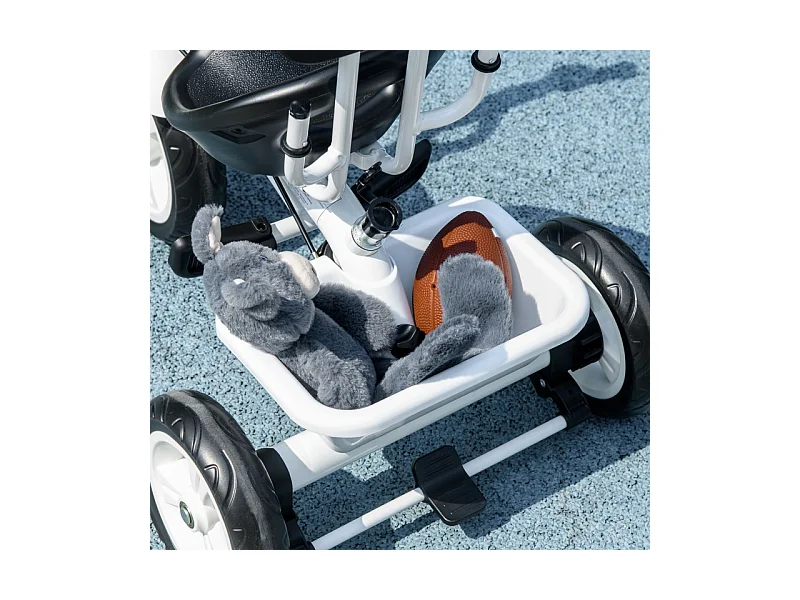 Tricycle évolutif 6-en-1 avec canne parentale, panier, harnais et toit, métal, blanc (105x47x98cm)