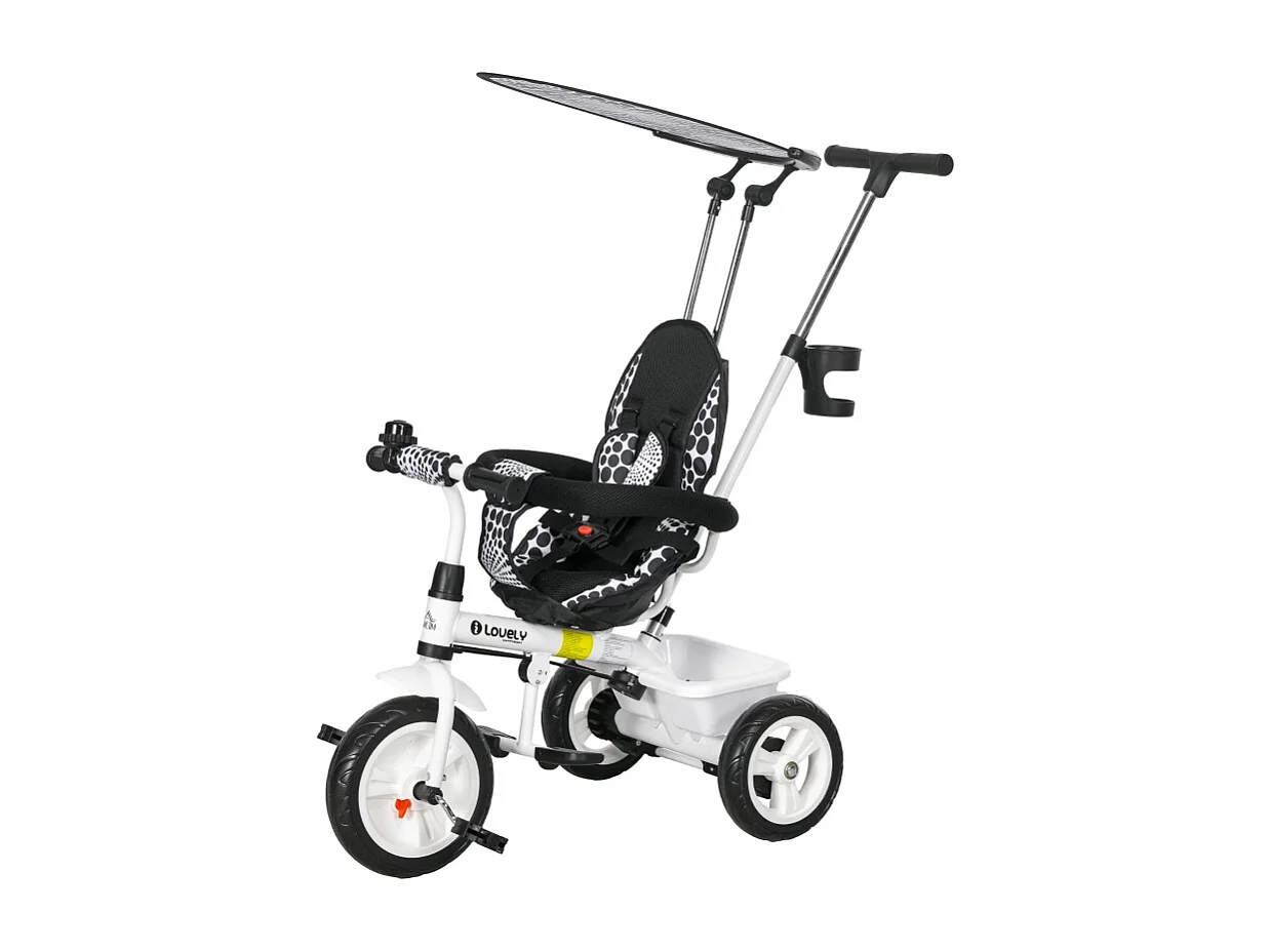 Tricycle évolutif 6-en-1 avec canne parentale, panier, harnais et toit, métal, blanc (105x47x98cm)