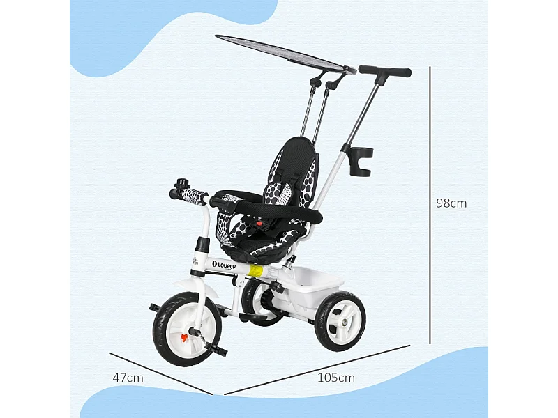 Tricycle évolutif 6-en-1 avec canne parentale, panier, harnais et toit, métal, blanc (105x47x98cm)