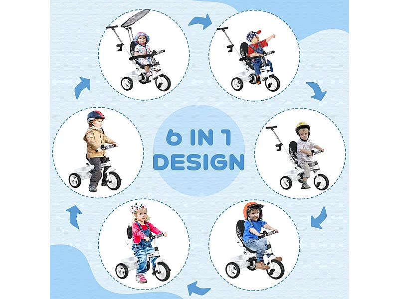 Tricycle évolutif 6-en-1 avec canne parentale, panier, harnais et toit, métal, blanc (105x47x98cm)