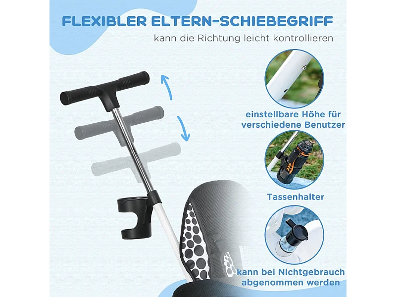 Tricycle évolutif 6-en-1 avec canne parentale, panier, harnais et toit, métal, blanc (105x47x98cm)