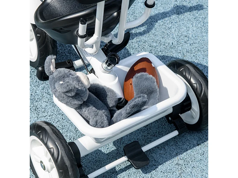 Tricycle évolutif 6-en-1 avec canne parentale, panier, harnais et toit, métal, blanc (105x47x98cm)