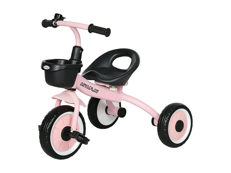 Triciclo per bambini 2-5 anni, sedile regolabile, campanello, cestino, struttura in metallo, rosa (70,5x53x58 cm)