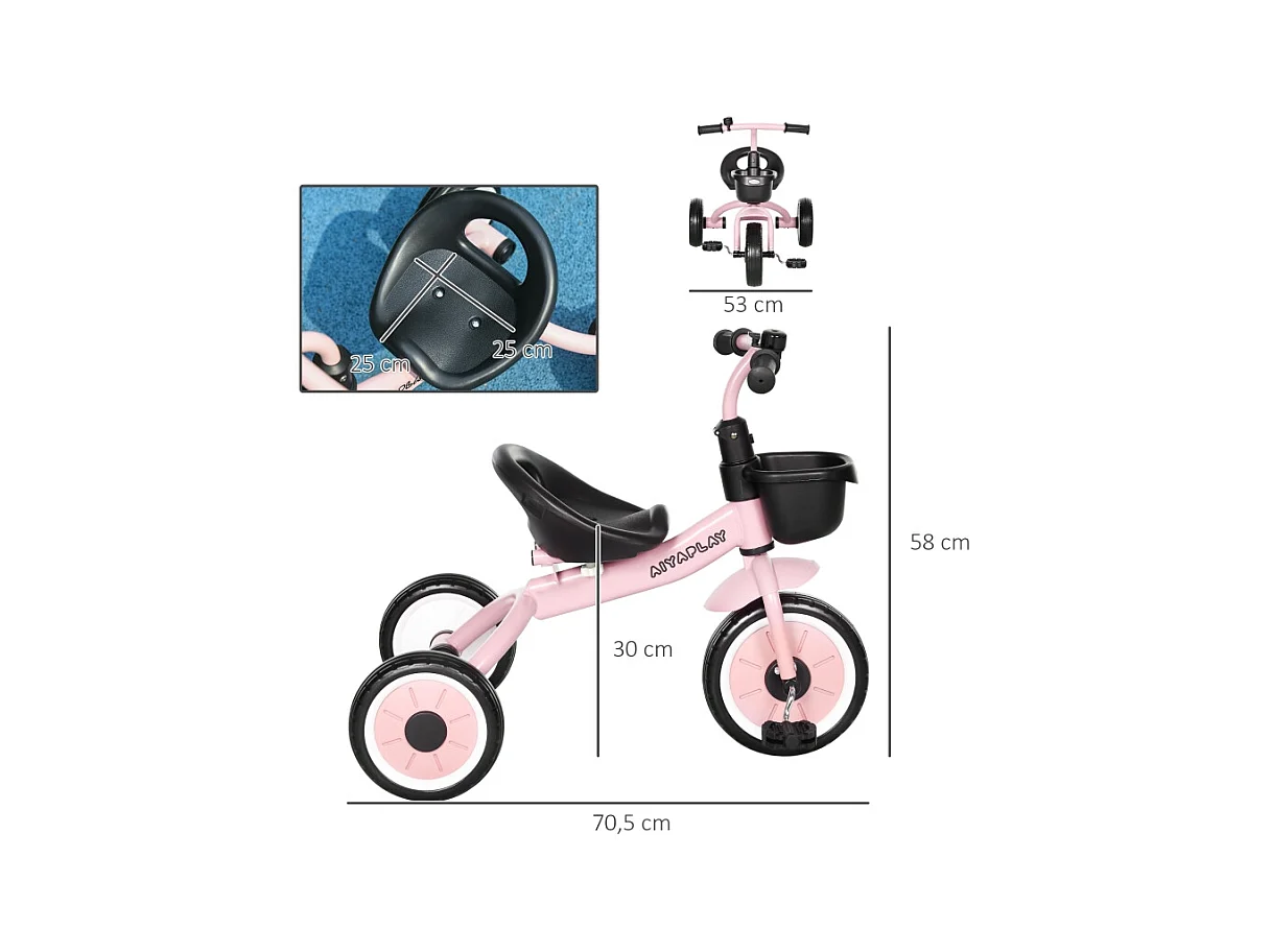 Tricycle pour enfants 2-5 ans, siège réglable, sonnette, panier, cadre métallique, rose (70.5x53x58cm)