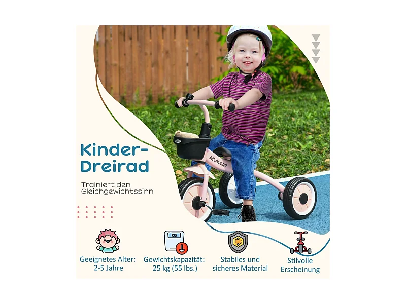Tricycle pour enfants 2-5 ans, siège réglable, sonnette, panier, cadre métallique, rose (70.5x53x58cm)