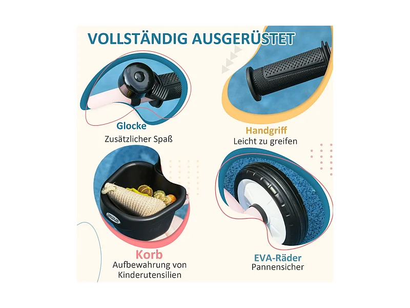 Tricycle pour enfants 2-5 ans, siège réglable, sonnette, panier, cadre métallique, rose (70.5x53x58cm)