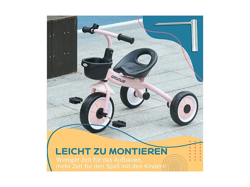 Tricycle pour enfants 2-5 ans, siège réglable, sonnette, panier, cadre métallique, rose (70.5x53x58cm)