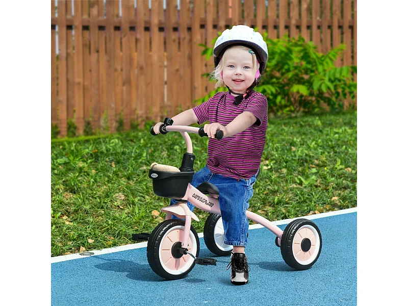 Tricycle pour enfants 2-5 ans, siège réglable, sonnette, panier, cadre métallique, rose (70.5x53x58cm)