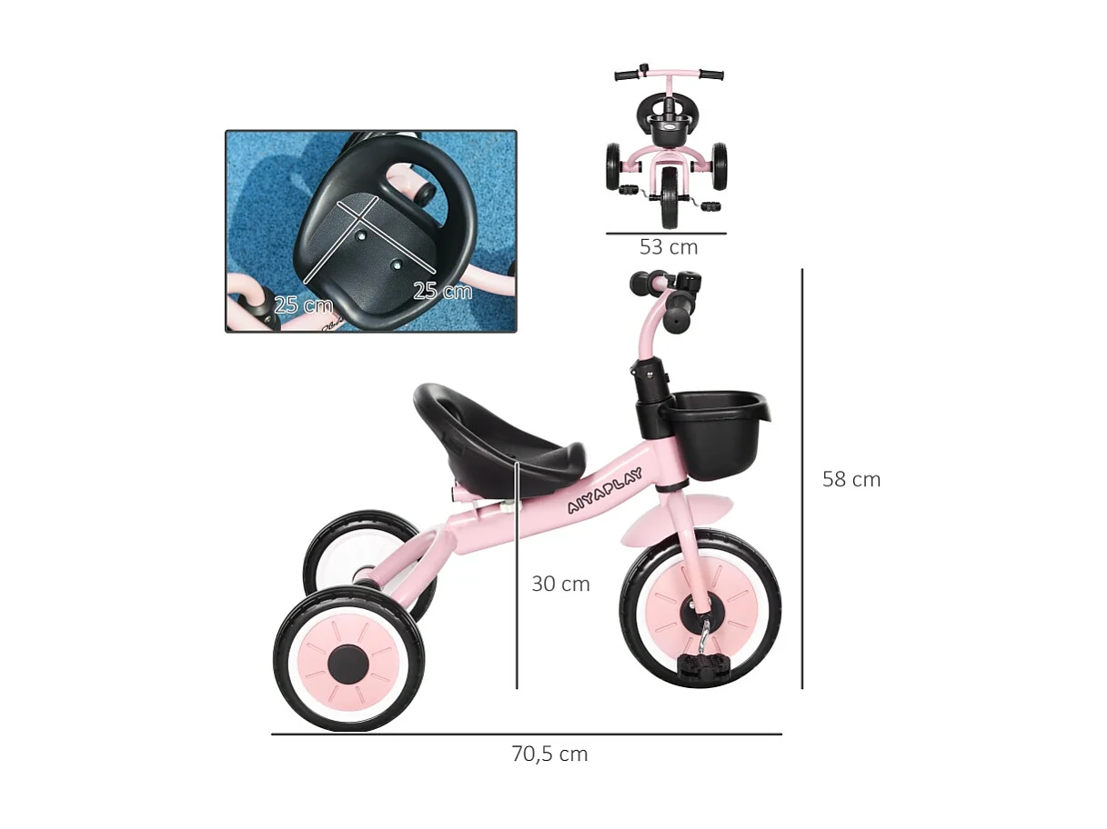 Tricycle pour enfants 2-5 ans, siège réglable, sonnette, panier, cadre métallique, rose (70.5x53x58cm)