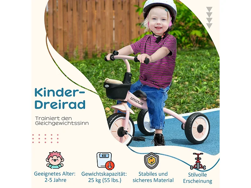 Tricycle pour enfants 2-5 ans, siège réglable, sonnette, panier, cadre métallique, rose (70.5x53x58cm)
