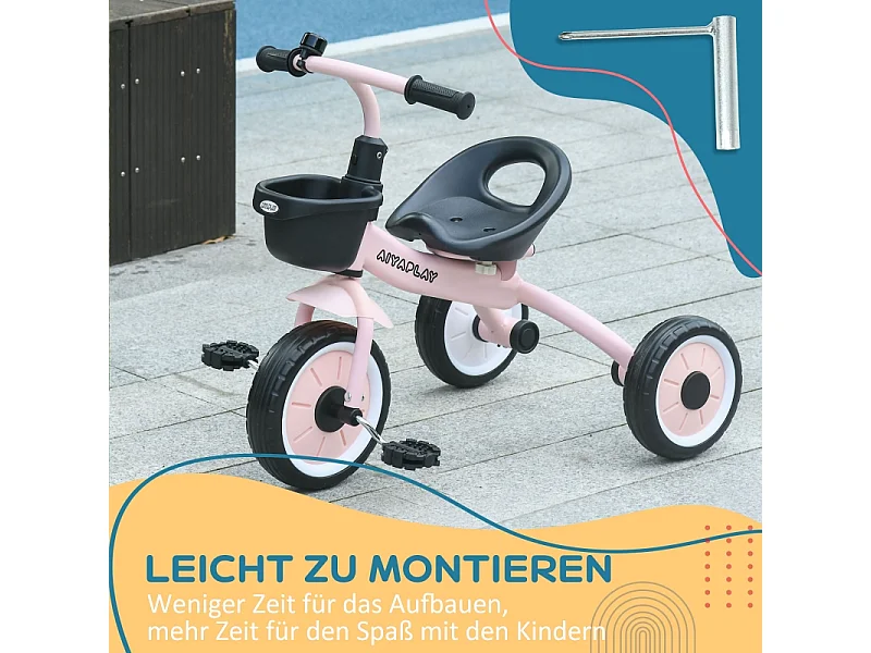 Tricycle pour enfants 2-5 ans, siège réglable, sonnette, panier, cadre métallique, rose (70.5x53x58cm)