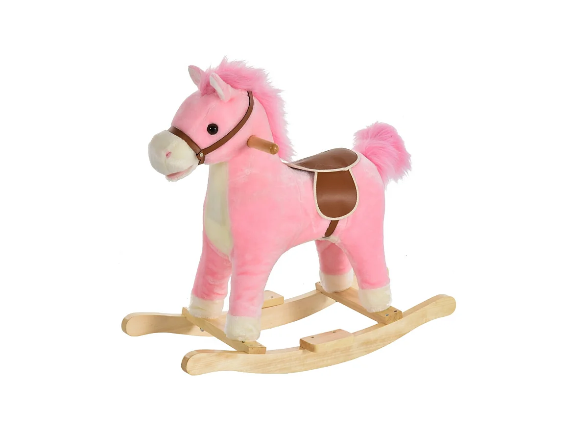 Cheval à bascule en peluche rose avec sons d'animaux, acier, pour enfants (65x32.5x61cm)