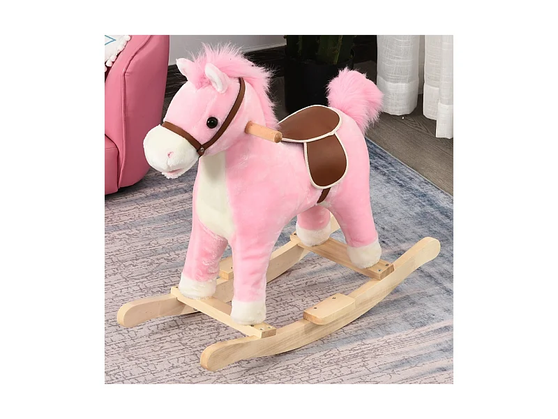 Cheval à bascule en peluche rose avec sons d'animaux, acier, pour enfants (65x32.5x61cm)