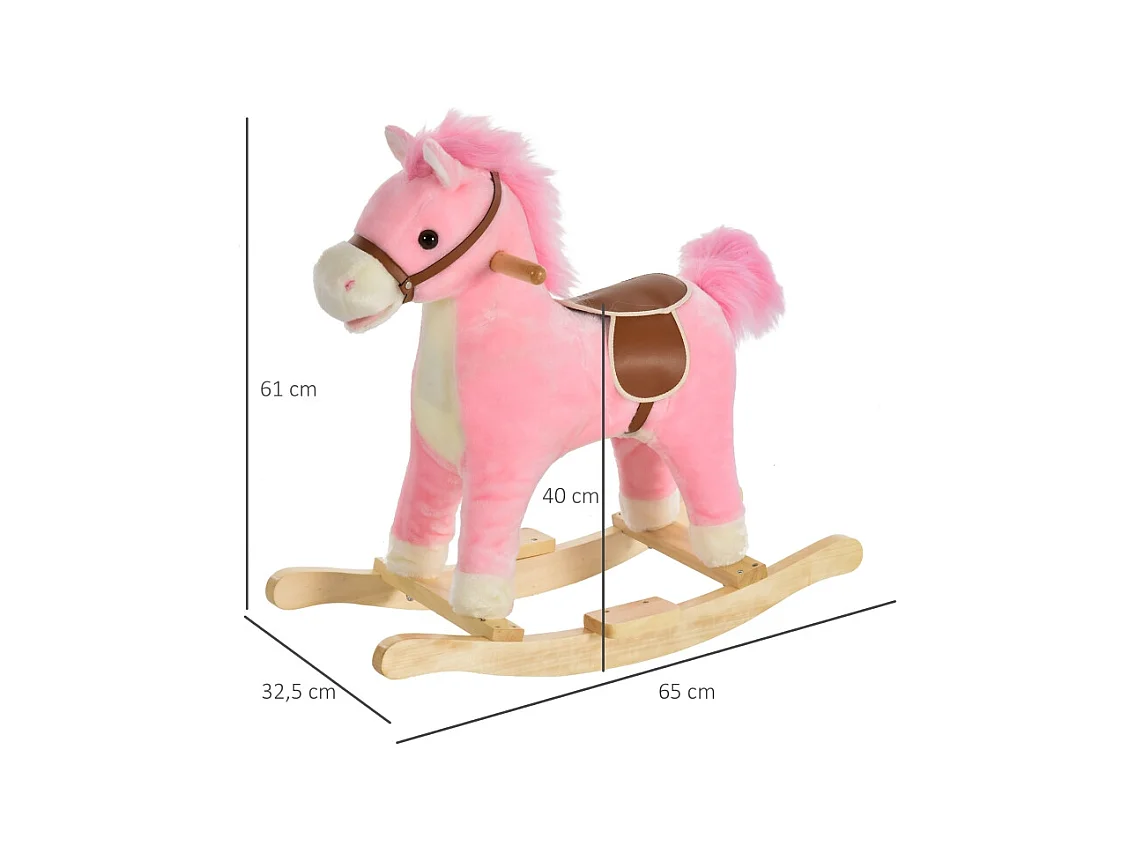 Cheval à bascule en peluche rose avec sons d'animaux, acier, pour enfants (65x32.5x61cm)