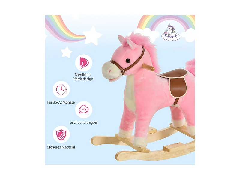 Cheval à bascule en peluche rose avec sons d'animaux, acier, pour enfants (65x32.5x61cm)