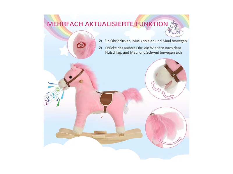 Cheval à bascule en peluche rose avec sons d'animaux, acier, pour enfants (65x32.5x61cm)