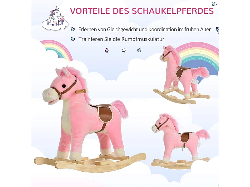 Cheval à bascule en peluche rose avec sons d'animaux, acier, pour enfants (65x32.5x61cm)