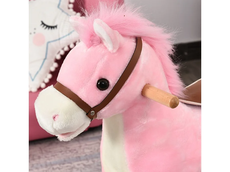 Cheval à bascule en peluche rose avec sons d'animaux, acier, pour enfants (65x32.5x61cm)