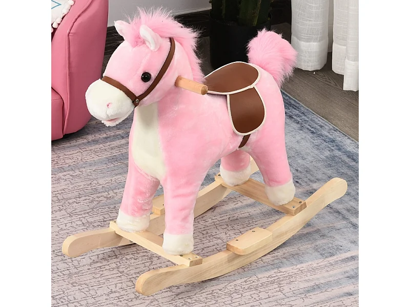 Cheval à bascule en peluche rose avec sons d'animaux, acier, pour enfants (65x32.5x61cm)