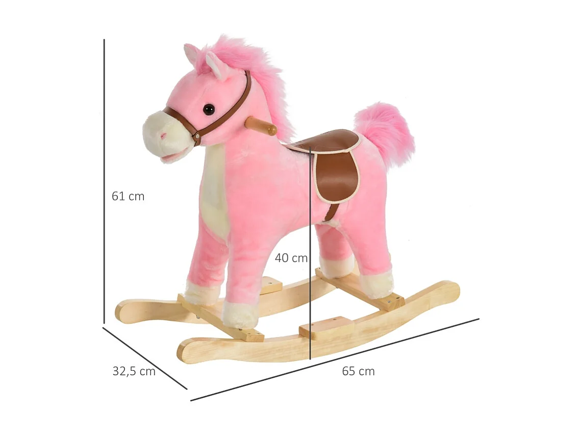 Cheval à bascule en peluche rose avec sons d'animaux, acier, pour enfants (65x32.5x61cm)