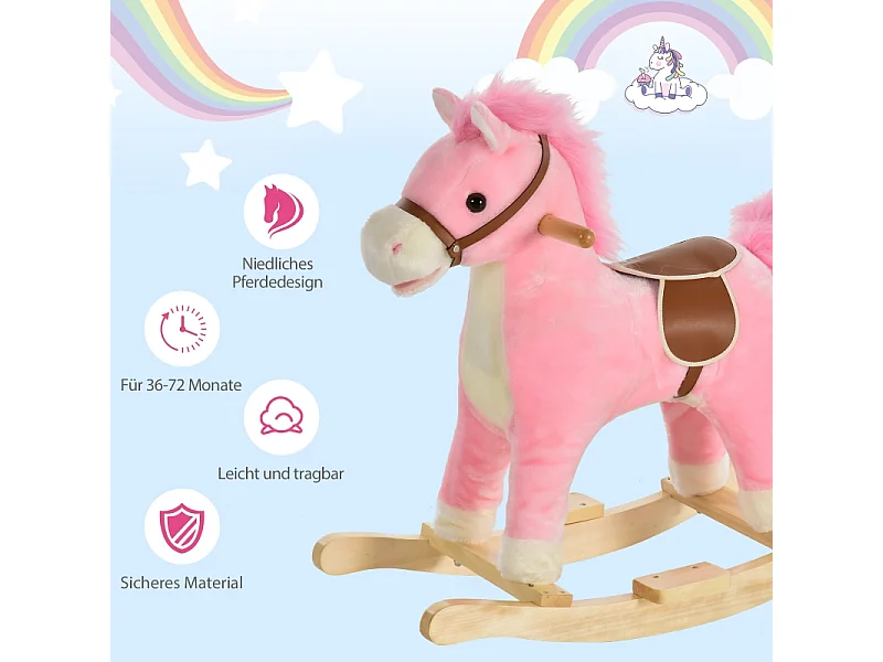 Cheval à bascule en peluche rose avec sons d'animaux, acier, pour enfants (65x32.5x61cm)